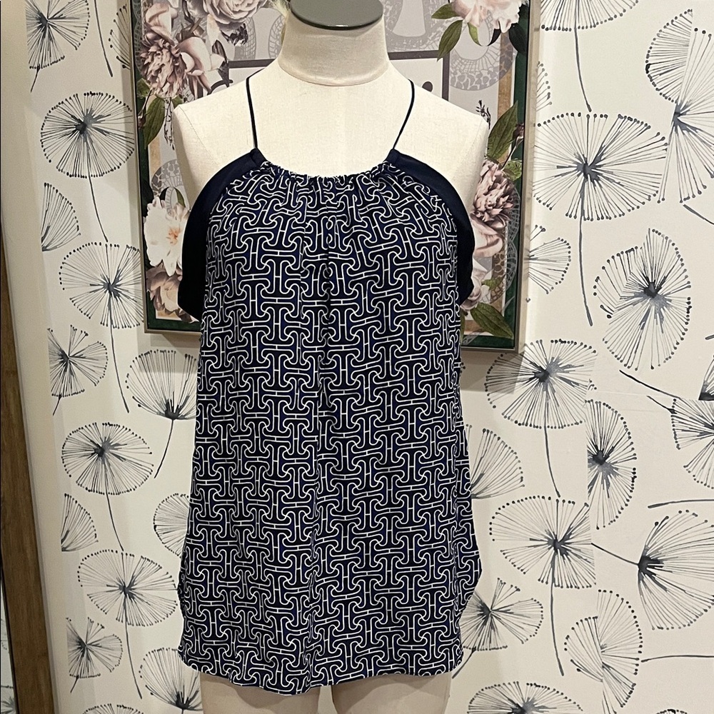 Trina Turk M Navy and White Patterned Women's Top silk
